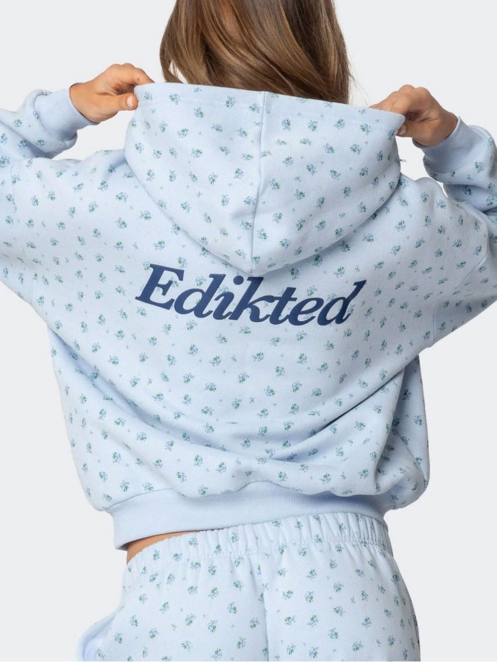 Edikted Pastel Blue Mini Floral Hoodie Womens size XS - Picture 2 of 10